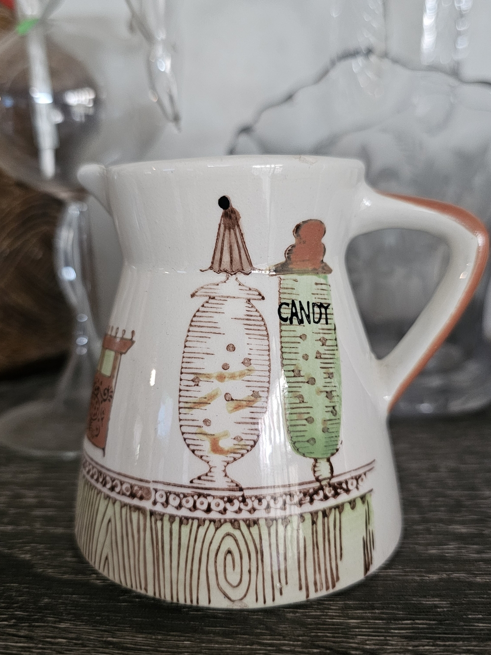 Vintage Ceramic Candy Pitcher - White, Green & Brown Accents